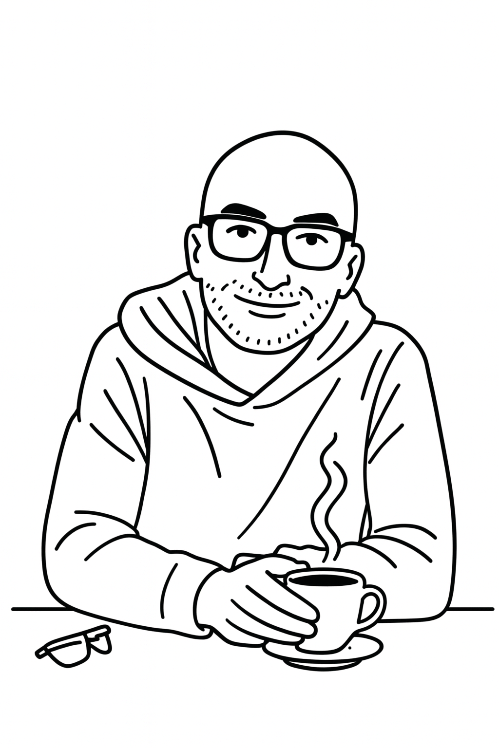 Minimalist line drawing portrait of Dima holding a coffee
