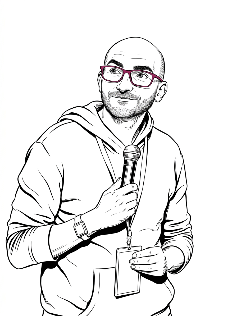 Minimalist line drawing portrait of Dima giving a presentation